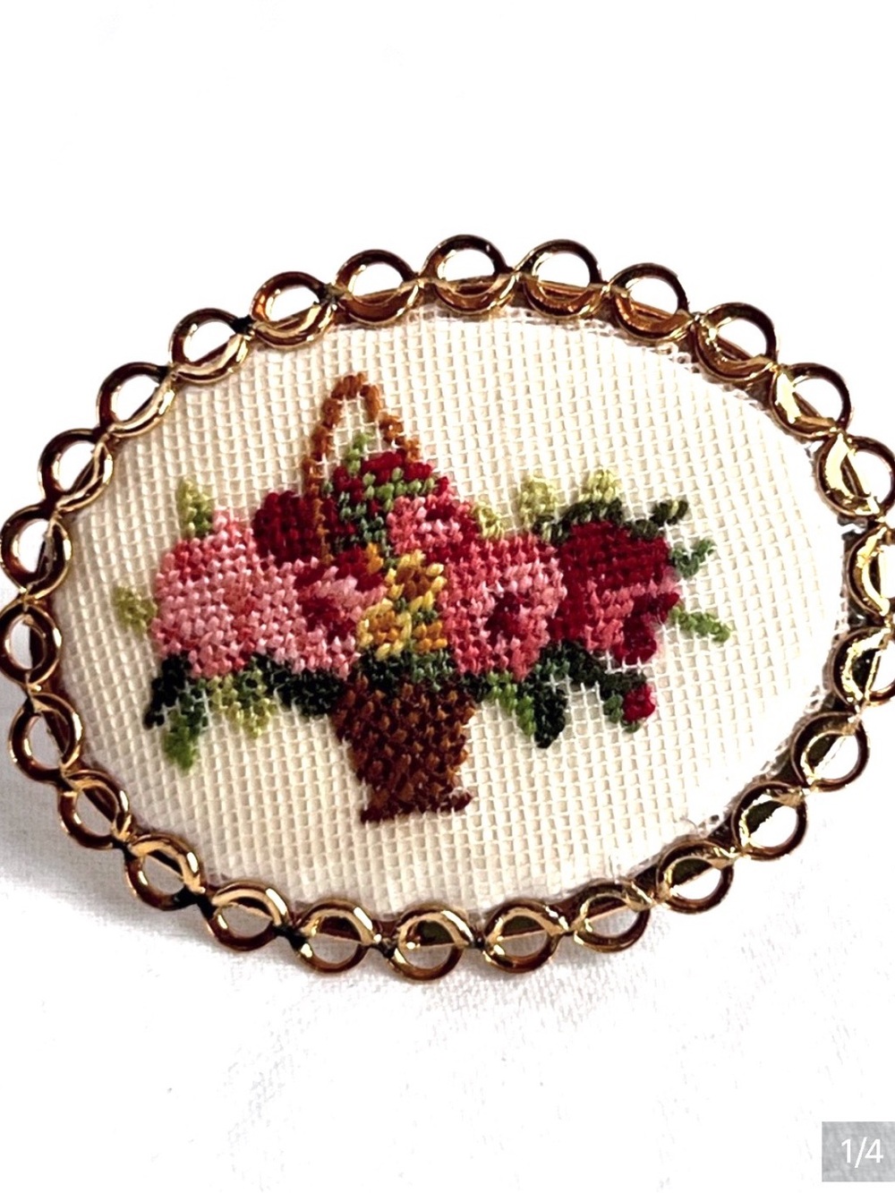 Vintage Floral Needlepoint Brooch Gold Tone Oval Pin Cottagecore Grandmacore